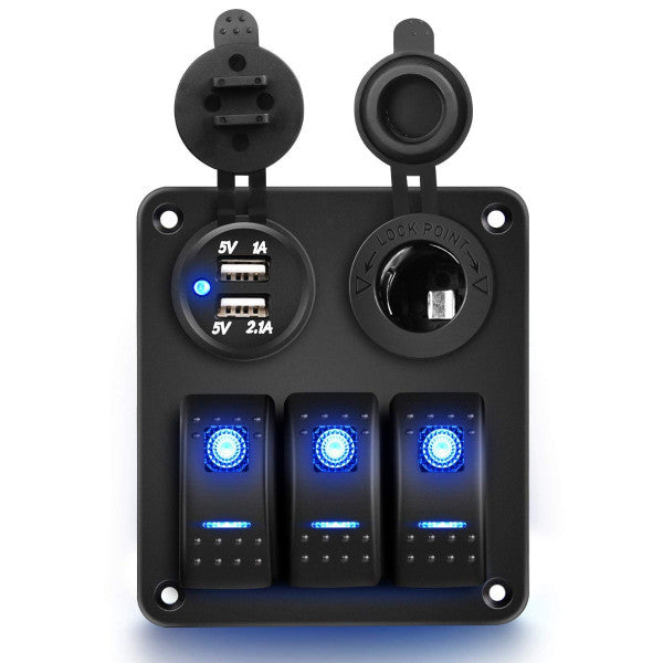 Marine Grade Switch Panel - 3 x Switches - 2 x USB - 1 x 12V