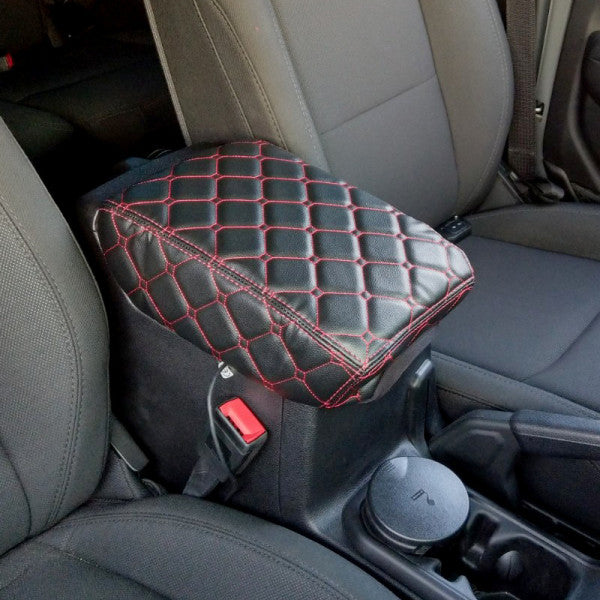 Jeep Wrangler JL 18-19 Center Console Premium Cover Double Diamond Black W/ Red Stitching