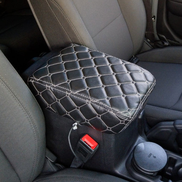 Jeep Wrangler JL 18-19 Center Console Premium Cover Double Diamond Black W/ White Stitching